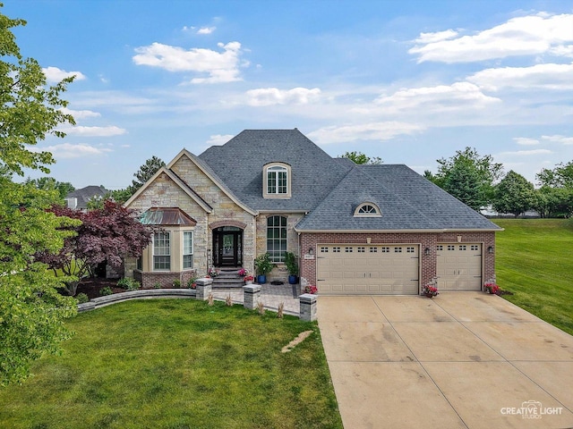 800 Diamond Head Dr E, Shorewood, IL 60404 - french provincial home featuring an attached garage, a front lawn, driveway, and brick siding