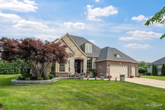800 Diamond Head Dr E, Shorewood, IL 60404 - french country style house featuring a front yard, stone siding, brick siding, concrete driveway, and an attached garage