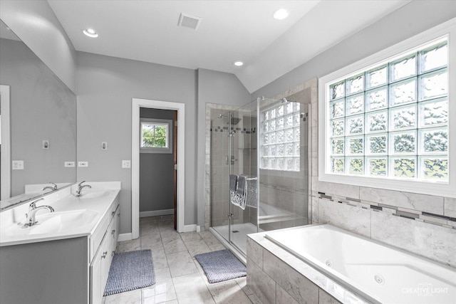 800 Diamond Head Dr E, Shorewood, IL 60404 - full bath with a shower stall, a whirlpool tub, double vanity, recessed lighting, and baseboards