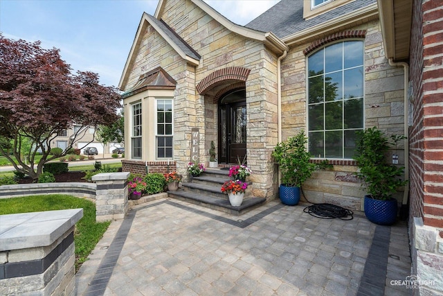 800 Diamond Head Dr E, Shorewood, IL 60404 - doorway to property with stone siding and a shingled roof