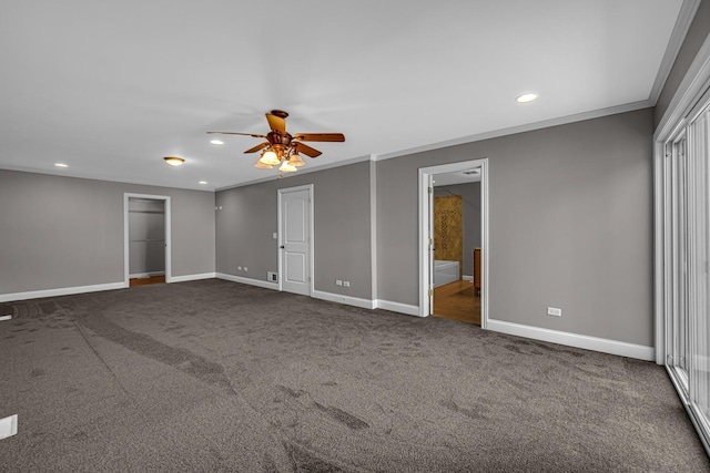 20738 S Hickory Creek Ct, Frankfort, IL 60423 - unfurnished bedroom featuring recessed lighting, dark carpet, crown molding, and ceiling fan