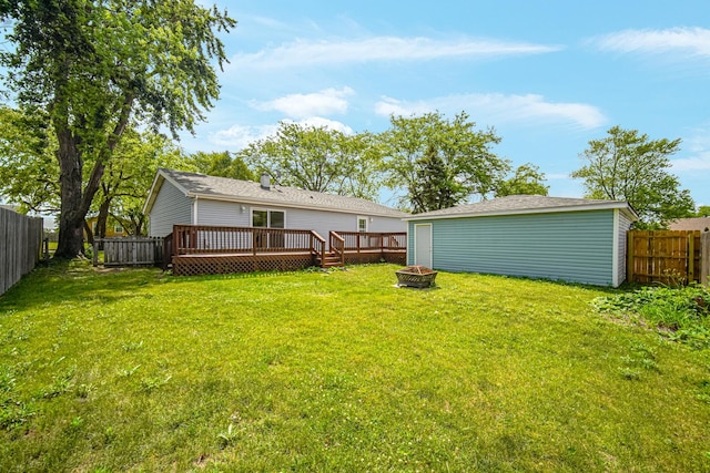 20738 S Hickory Creek Ct, Frankfort, IL 60423 - fenced backyard with a deck, a fire pit, and an outbuilding