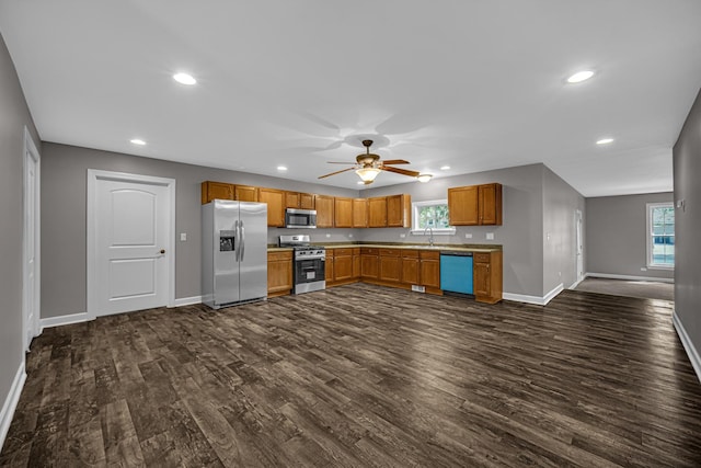 20738 S Hickory Creek Ct, Frankfort, IL 60423 - kitchen featuring stainless steel appliances, dark wood-type flooring, ceiling fan, recessed lighting, and light countertops
