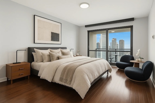 130 N Garland Ct Unit 2009, Chicago, IL 60602 - bedroom featuring dark wood-style floors, a skyline view, and baseboards
