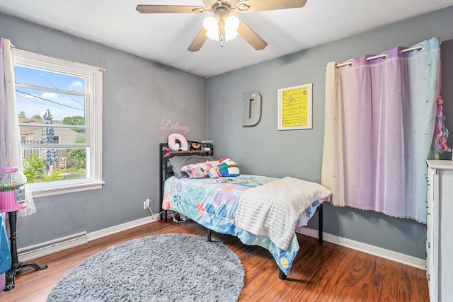 1211 Schriber Ave, Joliet, IL 60435 - bedroom with multiple windows, a baseboard radiator, wood finished floors, and ceiling fan