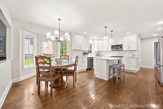 112 Danada Dr, Wheaton, IL 60189 - dining space with a chandelier, baseboards, dark wood-style floors, and recessed lighting