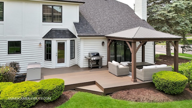 112 Danada Dr, Wheaton, IL 60189 - rear view of property featuring a gazebo, roof with shingles, a wooden deck, and a chimney