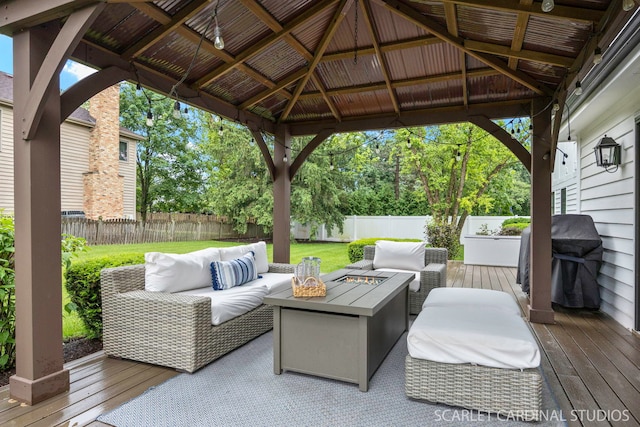112 Danada Dr, Wheaton, IL 60189 - wooden deck with an outdoor living space with a fire pit, a gazebo, and a grill
