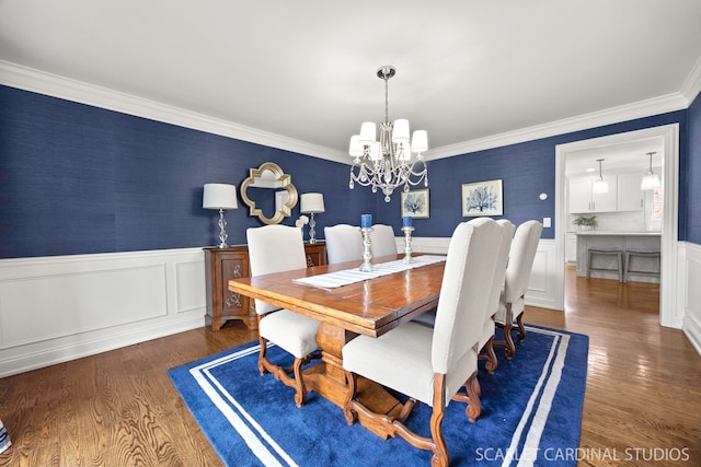 112 Danada Dr, Wheaton, IL 60189 - dining area with a chandelier, wainscoting, wood finished floors, wallpapered walls, and crown molding