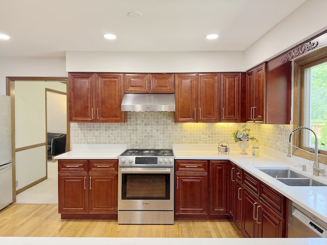 1463 Lantern Cir, Naperville, IL 60540 - kitchen featuring appliances with stainless steel finishes, ventilation hood, a sink, light wood finished floors, and light countertops