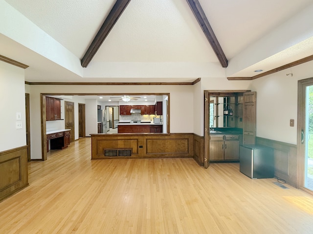 1463 Lantern Cir, Naperville, IL 60540 - unfurnished living room with light wood-style flooring, a wainscoted wall, ceiling fan, and ornamental molding