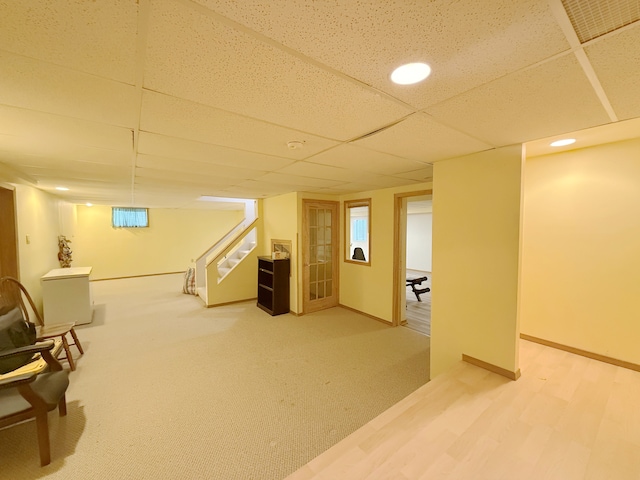 1463 Lantern Cir, Naperville, IL 60540 - finished below grade area with stairs, a drop ceiling, baseboards, and recessed lighting