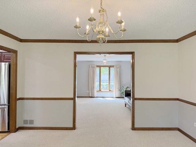 1463 Lantern Cir, Naperville, IL 60540 - corridor with a chandelier, carpet flooring, ornamental molding, baseboards, and a textured ceiling