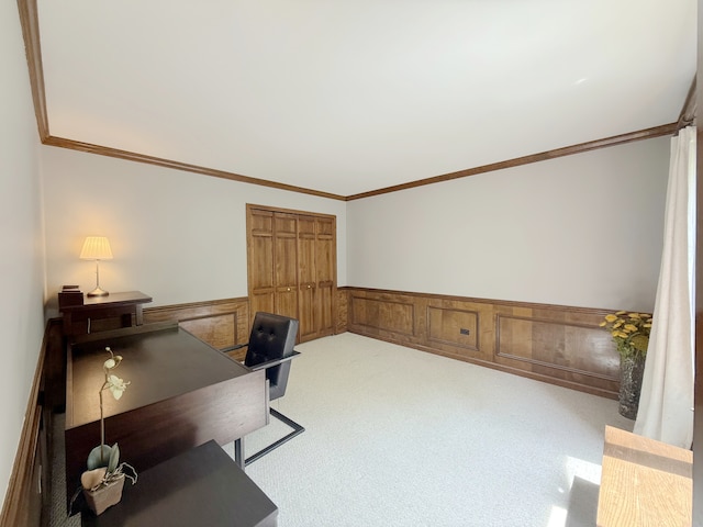 1463 Lantern Cir, Naperville, IL 60540 - home office with a wainscoted wall, crown molding, and carpet