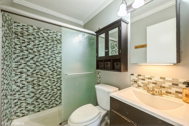 1315 N Baldwin Ct Unit 2C, Palatine, IL 60074 - bathroom featuring toilet, a shower stall, backsplash, ornamental molding, and vanity