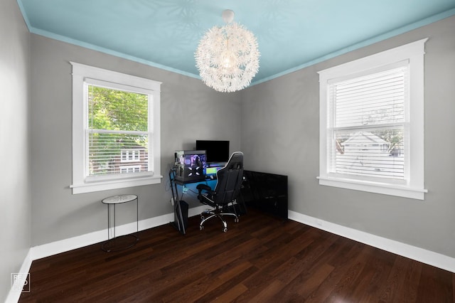 712 Lebanon St, Aurora, IL 60505 - office space featuring dark wood-style floors, ornamental molding, baseboards, and a chandelier
