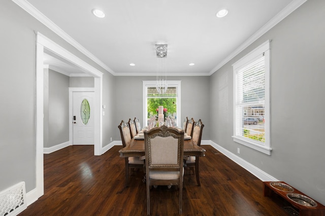 712 Lebanon St, Aurora, IL 60505 - dining area featuring dark wood-style floors, recessed lighting, baseboards, and ornamental molding