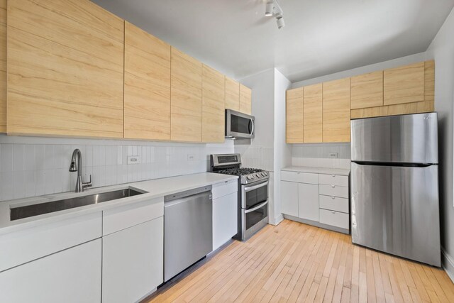 847 S Humphrey Ave Unit 3, Oak Park, IL 60304 - kitchen with appliances with stainless steel finishes, a sink, decorative backsplash, light wood-style floors, and light countertops