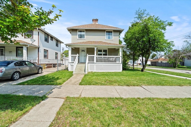 501 N 2nd Ave, Maywood, IL 60153 - traditional style home with a porch, a chimney, a front lawn, and a shingled roof