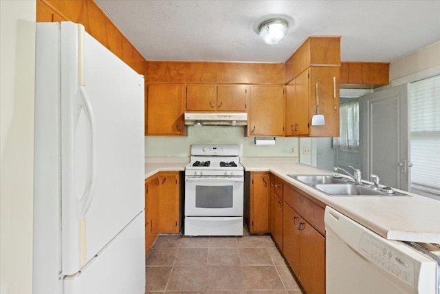 37519 N N Ave, Beach Park, IL 60087 - kitchen featuring white appliances, under cabinet range hood, a sink, light countertops, and brown cabinetry