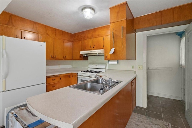 37519 N N Ave, Beach Park, IL 60087 - kitchen with white appliances, under cabinet range hood, a sink, dark tile patterned flooring, and light countertops