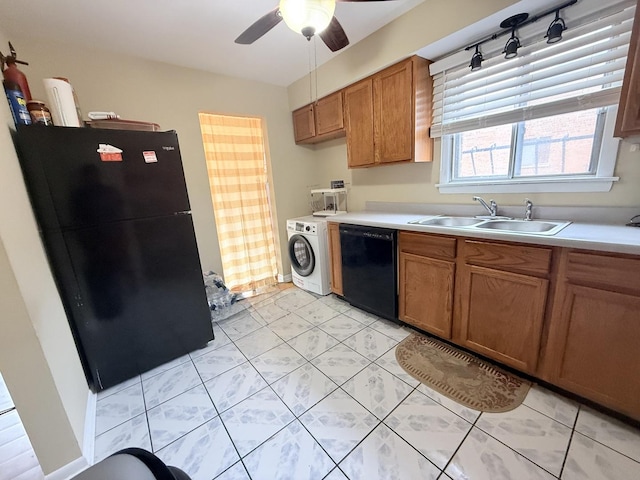22633 Pleasant Dr Unit 11B, Richton Park, IL 60471 - kitchen featuring black appliances, a sink, washer / dryer, ceiling fan, and brown cabinetry