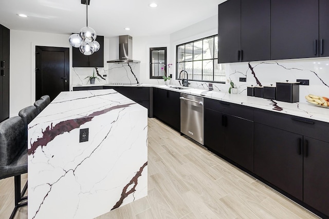 1620 Devonshire Ln, Lake Forest, IL 60045 - kitchen featuring wall chimney range hood, dishwasher, dark cabinetry, recessed lighting, and decorative backsplash