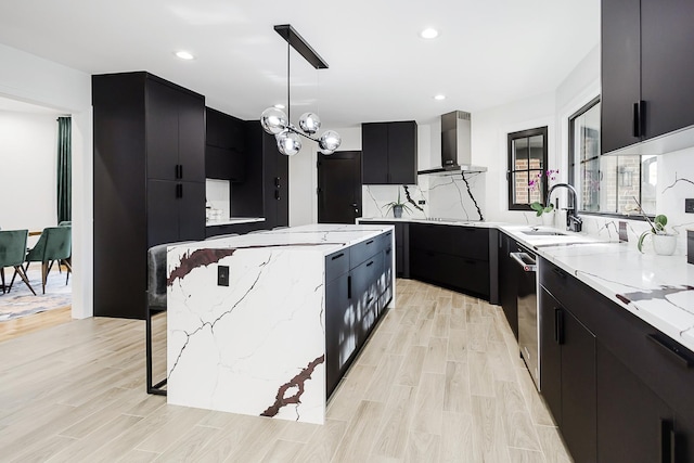 1620 Devonshire Ln, Lake Forest, IL 60045 - kitchen with dark cabinetry, wall chimney exhaust hood, modern cabinets, hanging light fixtures, and recessed lighting