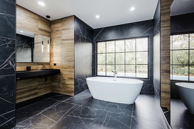 1620 Devonshire Ln, Lake Forest, IL 60045 - full bathroom with marble tiled floors, tile walls, a freestanding tub, and recessed lighting