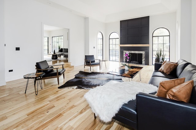 1620 Devonshire Ln, Lake Forest, IL 60045 - living room featuring light wood-style flooring, a raised ceiling, plenty of natural light, and a large fireplace