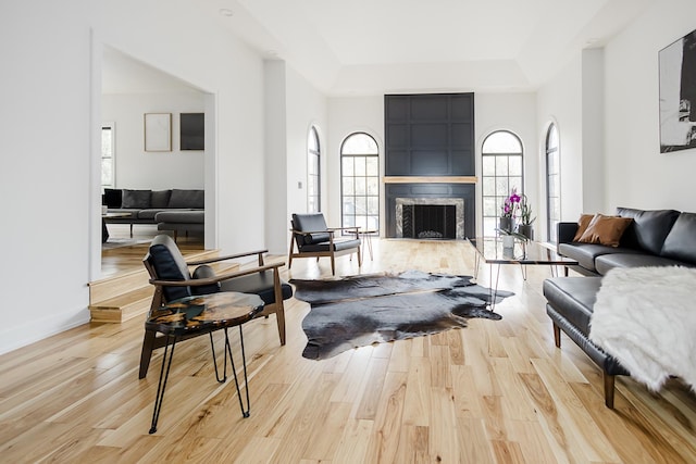 1620 Devonshire Ln, Lake Forest, IL 60045 - living room featuring a tray ceiling, light wood-style floors, a fireplace, and baseboards