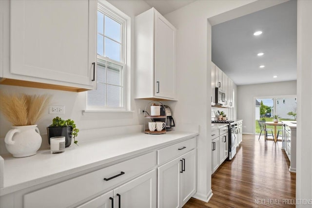 16017 S Crescent Ln, Plainfield, IL 60586 - kitchen featuring appliances with stainless steel finishes, white cabinets, dark wood-type flooring, light countertops, and recessed lighting