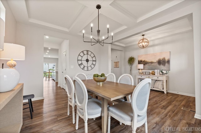 16017 S Crescent Ln, Plainfield, IL 60586 - dining area featuring a chandelier, wood finished floors, coffered ceiling, recessed lighting, and baseboards