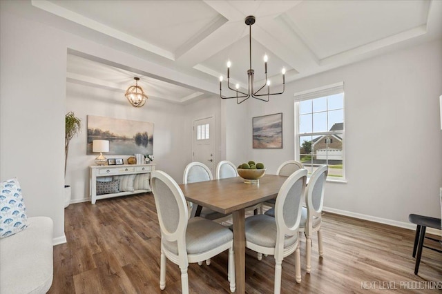16017 S Crescent Ln, Plainfield, IL 60586 - dining room featuring a chandelier, wood finished floors, coffered ceiling, beamed ceiling, and baseboards