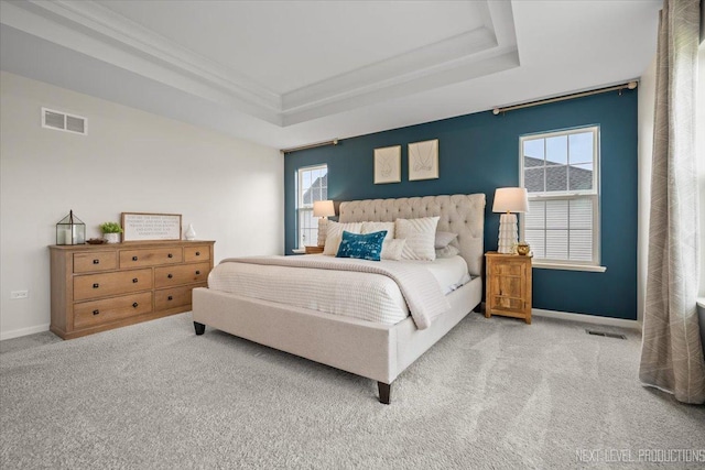 16017 S Crescent Ln, Plainfield, IL 60586 - carpeted bedroom featuring a tray ceiling, baseboards, ornamental molding, and multiple windows