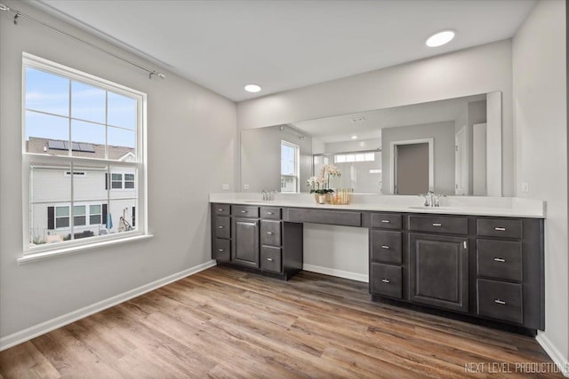 16017 S Crescent Ln, Plainfield, IL 60586 - bathroom featuring double vanity, wood finished floors, baseboards, a shower, and recessed lighting