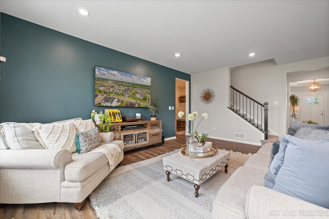 16017 S Crescent Ln, Plainfield, IL 60586 - living area featuring stairway, wood finished floors, recessed lighting, and baseboards