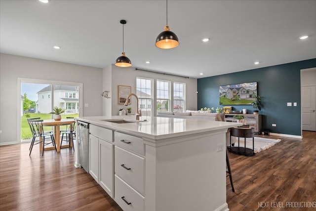 16017 S Crescent Ln, Plainfield, IL 60586 - kitchen featuring a sink, healthy amount of natural light, dark wood finished floors, white cabinets, and recessed lighting