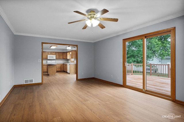 1345 William St, Sycamore, IL 60178 - unfurnished living room with a ceiling fan, ornamental molding, and light wood-type flooring