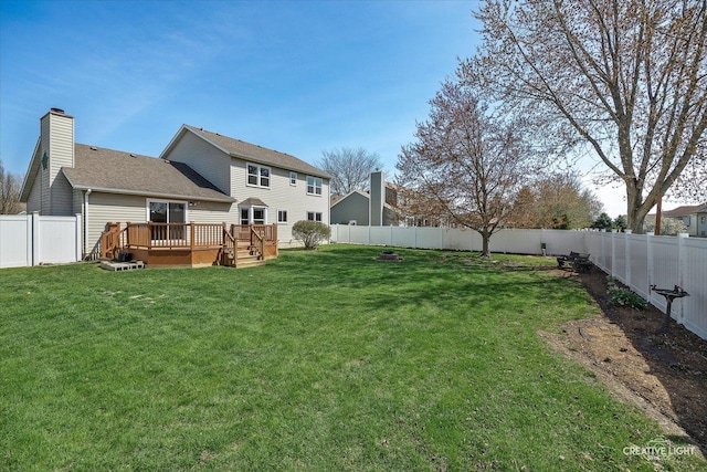 1345 William St, Sycamore, IL 60178 - rear view of property with a fenced backyard, a deck, a chimney, and a shingled roof