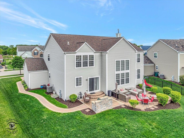 17022 S Creighton Dr, Lockport, IL 60441 - rear view of house featuring an outdoor hangout area, central air condition unit, a patio area, a chimney, and roof with shingles