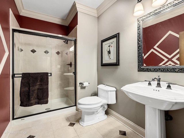158 Los Lagos Dr, Bloomingdale, IL 60108 - full bathroom with toilet, baseboards, crown molding, a shower stall, and tile patterned flooring