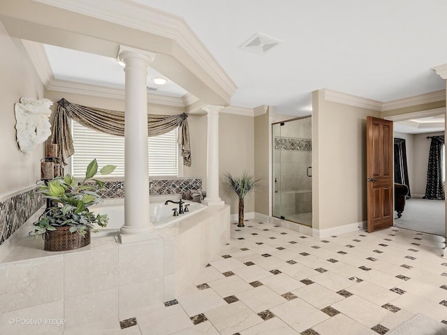158 Los Lagos Dr, Bloomingdale, IL 60108 - full bath featuring decorative columns, a garden tub, a stall shower, crown molding, and tile patterned flooring
