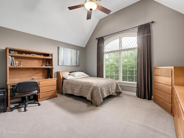 158 Los Lagos Dr, Bloomingdale, IL 60108 - bedroom featuring light colored carpet, vaulted ceiling, a desk, and ceiling fan