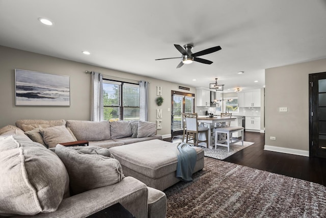 304 Turnbridge Dr, Shorewood, IL 60404 - living area featuring ceiling fan, dark wood-style flooring, recessed lighting, and baseboards
