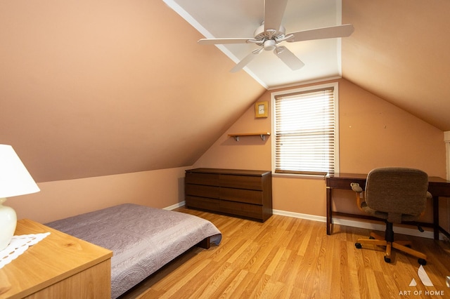 4010 Bobby Ln, Schiller Park, IL 60176 - bedroom with light wood-type flooring, baseboards, vaulted ceiling, and a ceiling fan