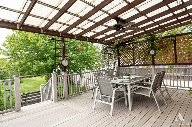 4010 Bobby Ln, Schiller Park, IL 60176 - wooden deck featuring outdoor dining area, ceiling fan, and a lawn