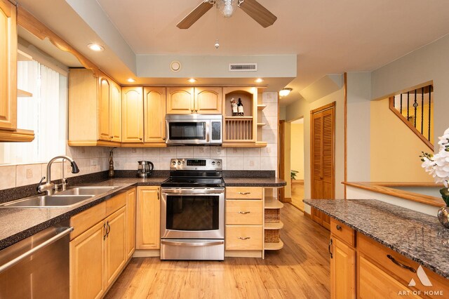4010 Bobby Ln, Schiller Park, IL 60176 - kitchen with stainless steel appliances, a sink, open shelves, light wood-type flooring, and backsplash