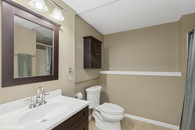 822 Foster Ave, Lake Bluff, IL 60044 - bathroom with vanity, toilet, tile patterned floors, a shower with shower curtain, and baseboards