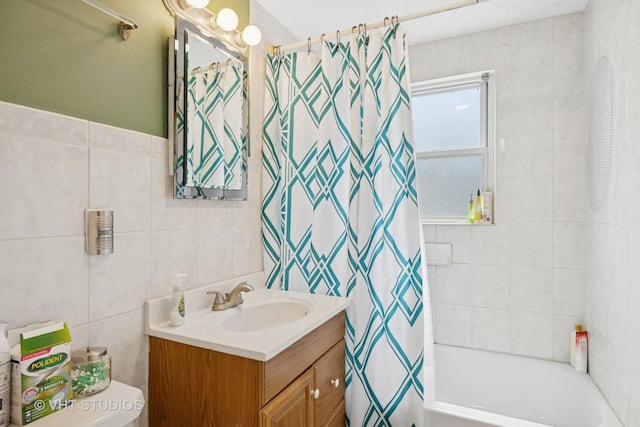 415 W N Blvd, Mchenry, IL 60051 - full bathroom featuring shower / bath combination with curtain, vanity, and tile walls